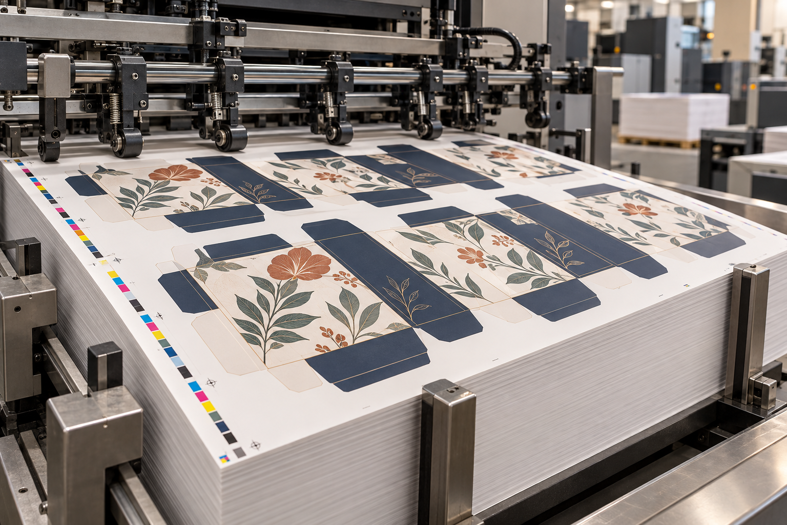 Printed botanical packaging sheets on a printing press.
