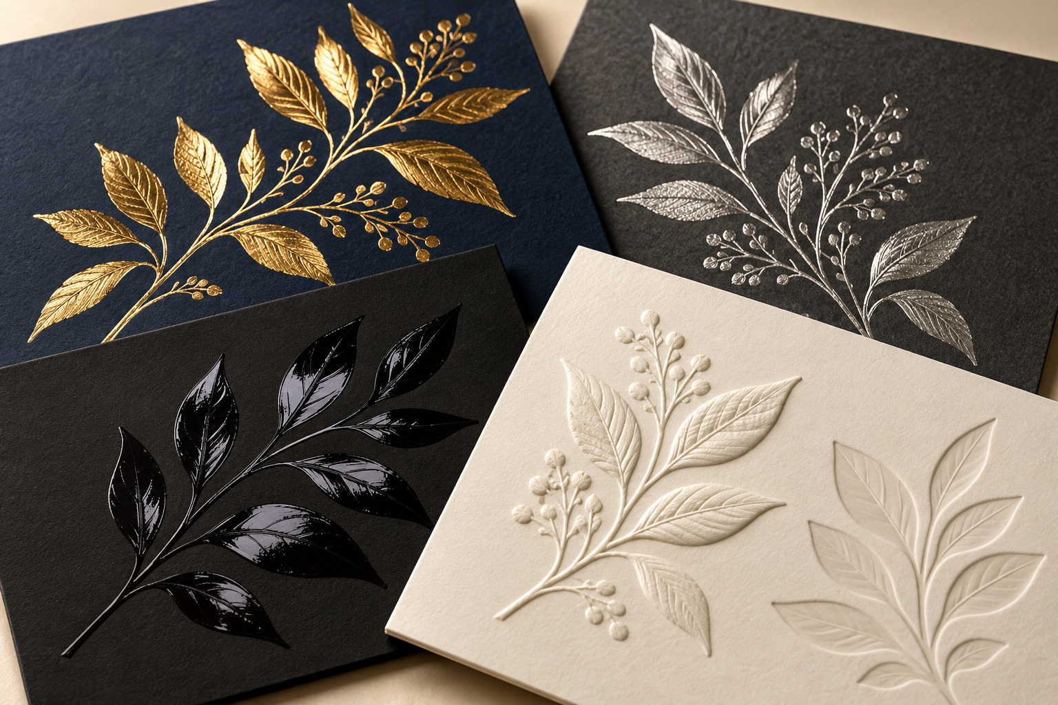 Foil, Spot UV, embossed and debossed botanical details.