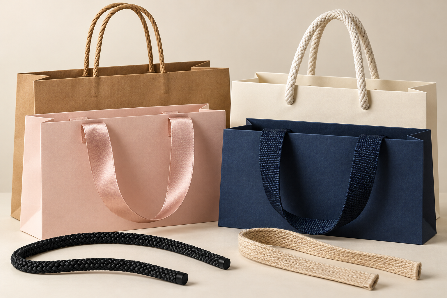 Paper, cotton, ribbon and webbing handles on carrying bags.