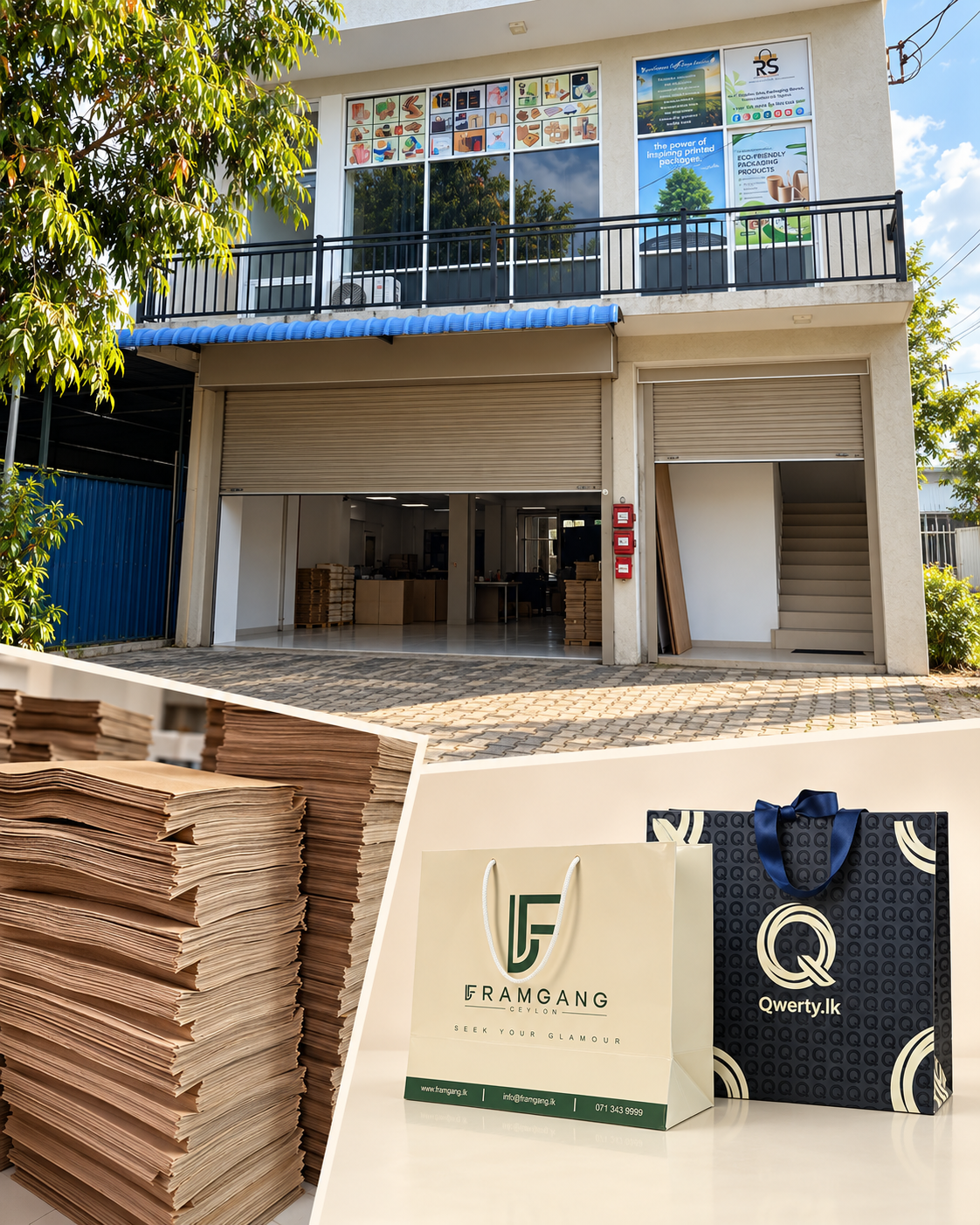 RS Packaging Lanka company premises, paper bag production stock and branded carrying bags