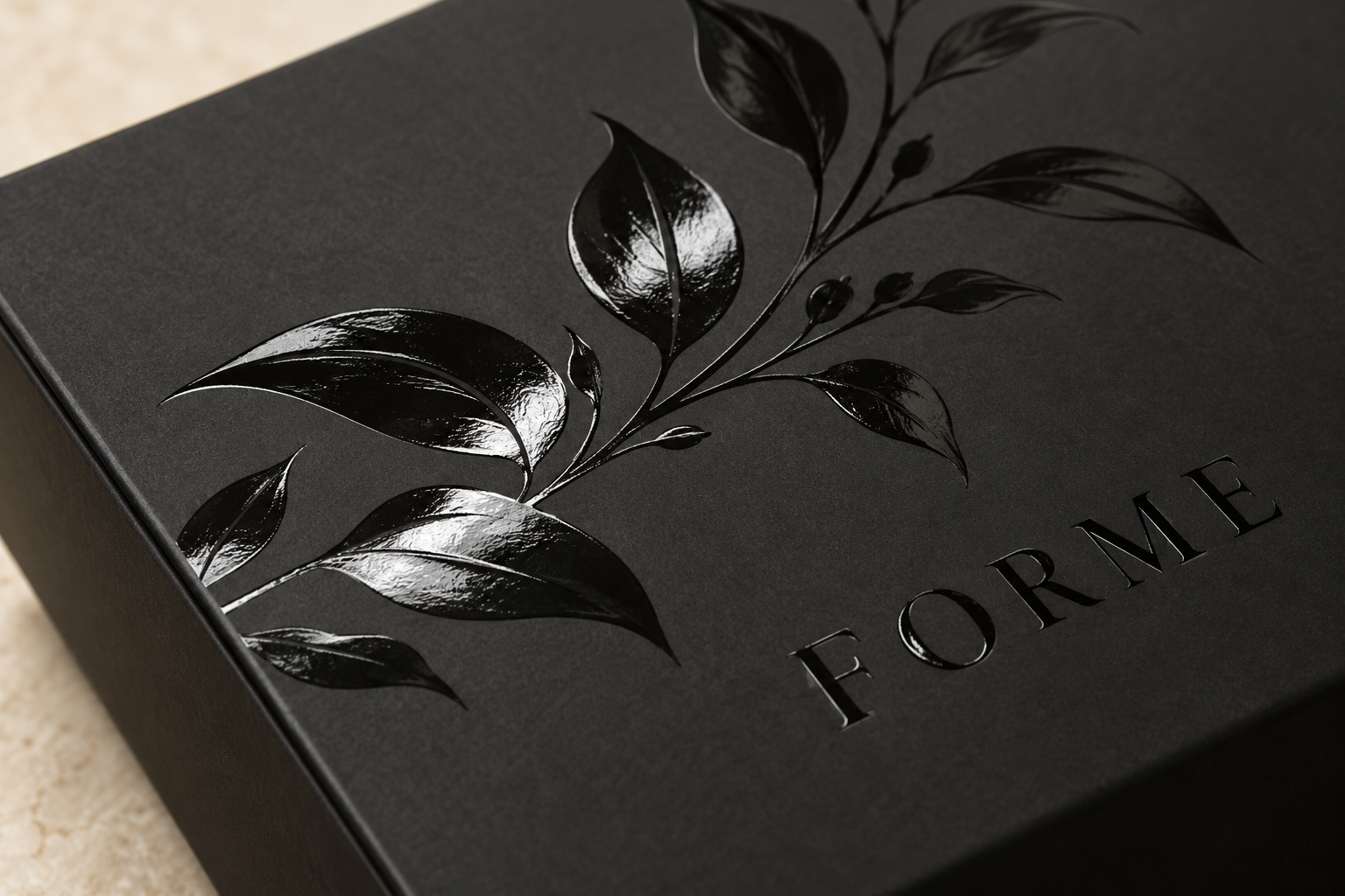 Glossy Spot UV botanical details on black packaging.