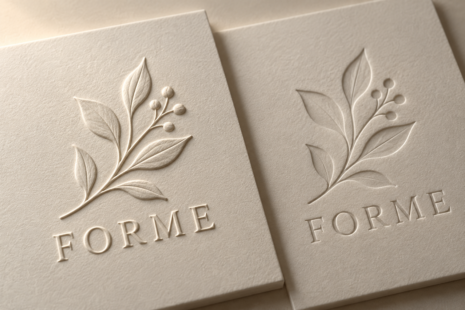 Raised embossed and recessed debossed botanical designs on ivory board.