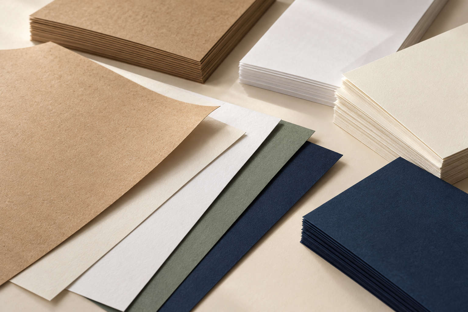 Paper and board samples in natural and brand colours.