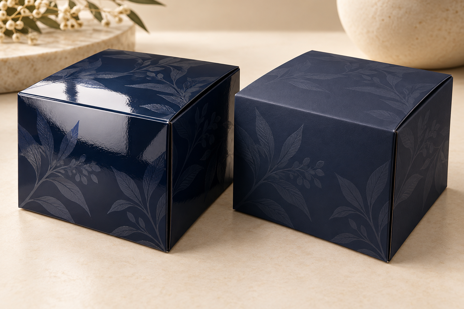 Gloss and matte navy packaging finishes.