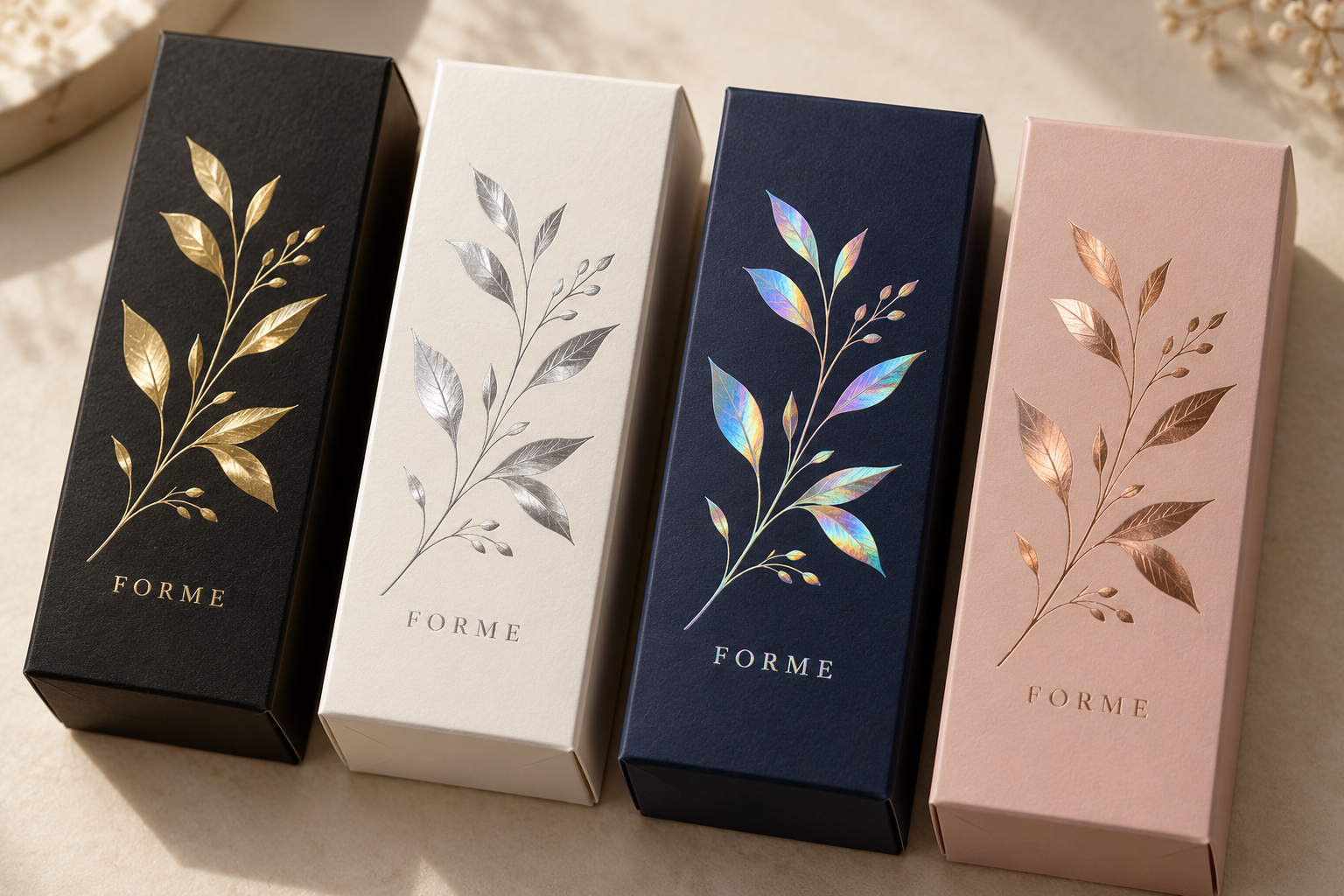 Gold, silver, holographic and coloured foil details on four packaging boxes.